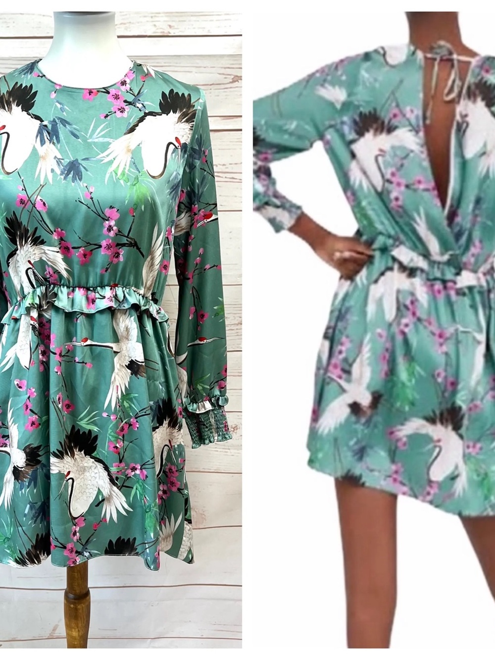 Zara Teal Crane Print Long-Sleeve Mini Dress Medium